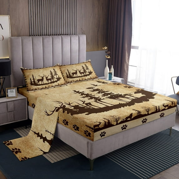 Deer King Bed Sheets Set,Rustic Cabin Bedding Set Teens,Farmhouse Country Antique Elk Moose Wildlife Sheet Set,Vintage Hunting Camping Tree Woodland Top Sheet Room Decor