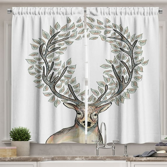 Deer Kitchen Curtains, Hipster Reindeer with Floral Horns Mythical Creature Pastel Color Illustration, Two Panels Drapes with Rod Pocket Room Decor, 55" X 45", Soft Pink Blue, by Ambesonne