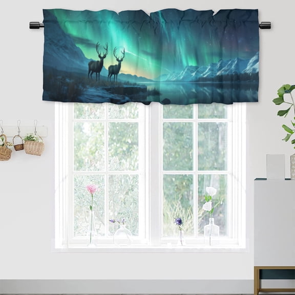 Deer Kitchen Valance Curtains Winter Forest Beautiful Aurora Borealis Natural Landscape Window Valance for Living Room Bedroom, Kitchen Valance Rod Pocket Window Decor Curtain 54 by 18 in, 1 Panel