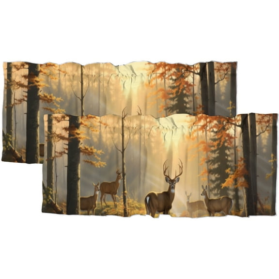 Deer Kitchen Valance Foggy Forest Elk Animal Wildlife Hunting Rod Pocket Decoration Window Valance Curtains 54x18inch(2Pcs)