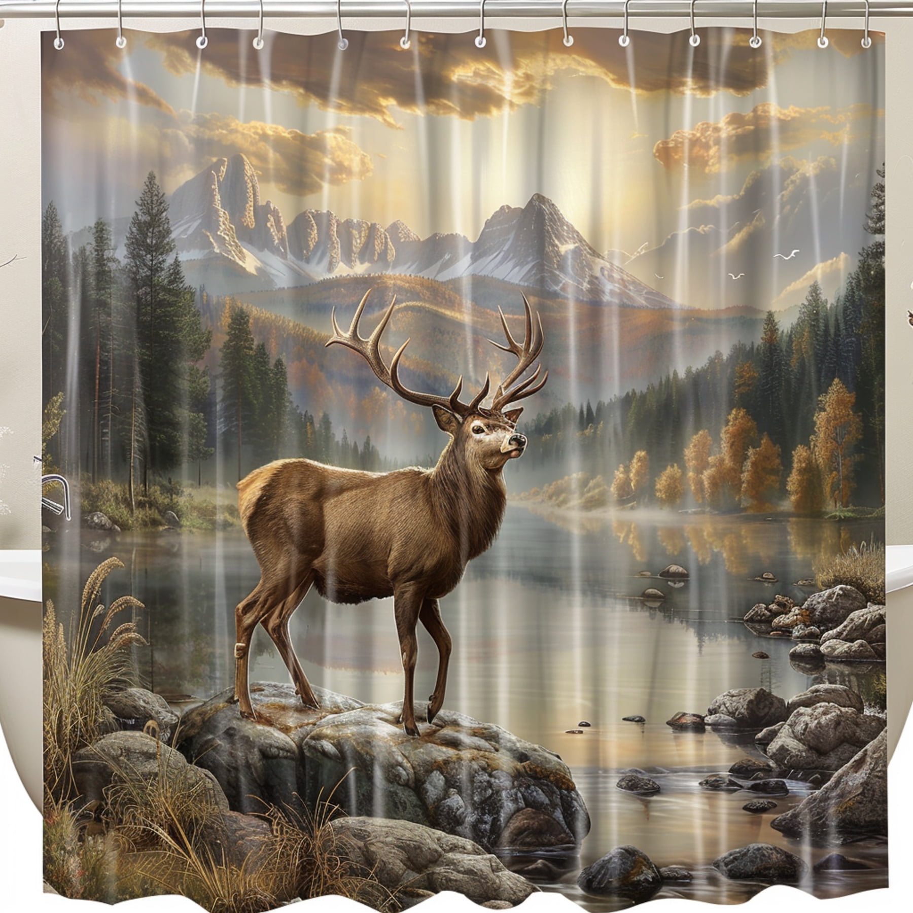 Deer Lake Mountain Forest Shower Curtain Realistic Nature Design with