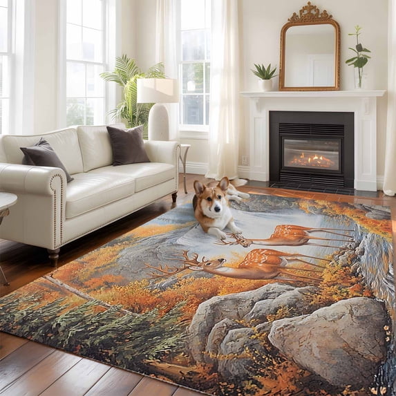 Deer Large Area Rugs 8x10 ft Forest Wildlife Rustic Washable Rug Non Slip Indoor Carpet Absorbent Floor Mat for Living Room Bedroom Dining Room