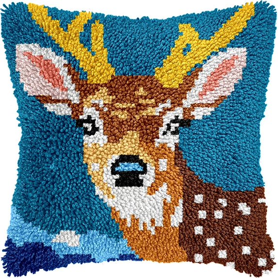 Deer Latch Hook Pillow Cover Kits for DIY Handmade Throw Pillow Cross Stitch Latch Hooking Pillowcase Kits with Preprinted Color Pattern Canvas Crochet Yarn Kits 17''X 17''(7-128)