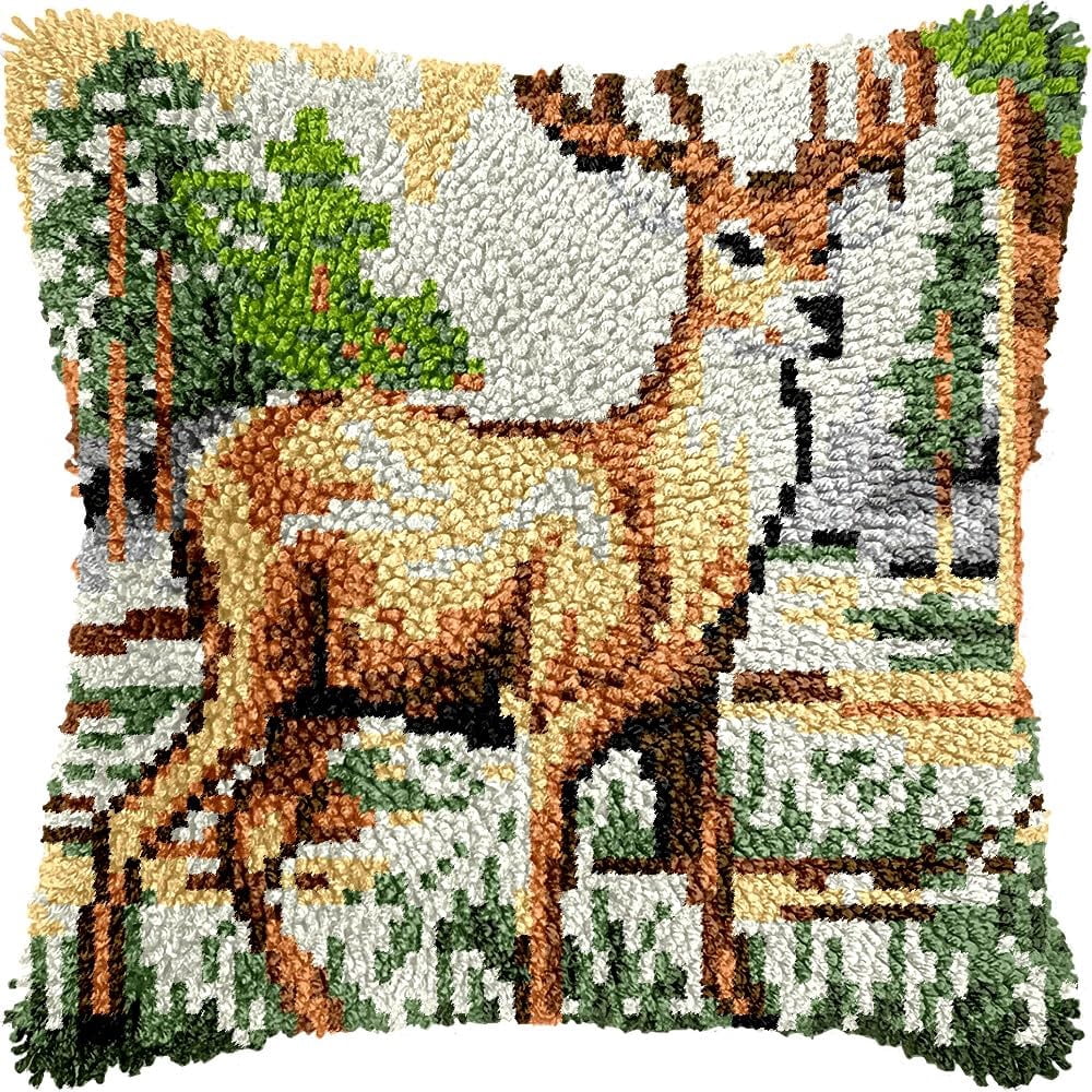 Deer Latch Hook Pillow Kits for DIY Throw Pillow Cushion Embroidery Latch Hooking Pillowcase Kits with Preprinted Canvas Crochet Yarn Kits for Home Decor 17''X 17''(j86)