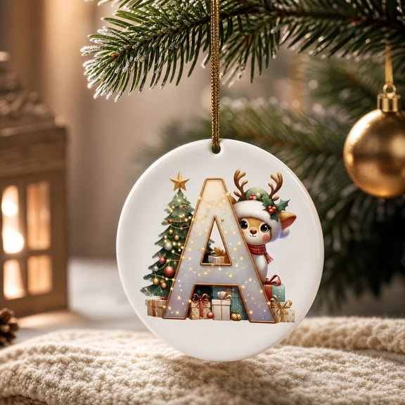 Deer Letter Name Ornaments for Christmas Tree, 2D Christmas Decoration, Hanging Ornaments 3" A with Cute Fawn Christmas Tree Gift Box Design for Xmas Tree Holiday Home Decoration