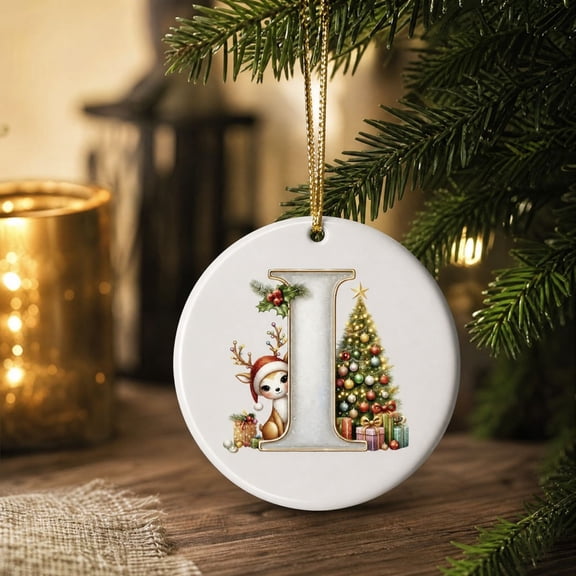 Deer Letter Name Ornaments for Christmas Tree, 2D Christmas Decoration, Hanging Ornaments 3" I with Cute Fawn Christmas Tree Gift Box Design for Xmas Tree Holiday Home Decoration