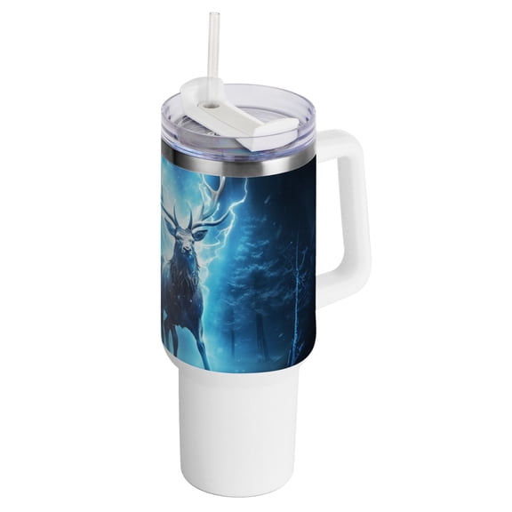 Deer Lightning Trees Blue 40 oz Tumbler with Handle InsulatedTravel MugLid Straw Leak Proof Steel Vacuum Water Bottles Glasses Fits in Car Cup Holder