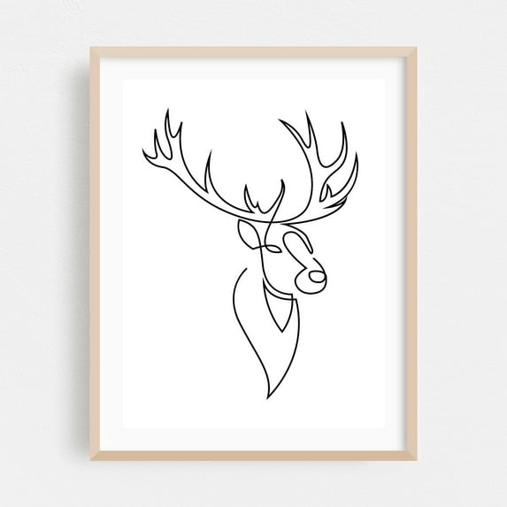 Deer - Line Drawing Line Art Deer Minimalist Wildlife Abstract Animal Black and White Oak Framed Wall Art Print 30 x 40 inches
