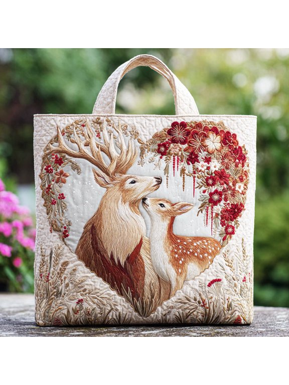 Deer Love Quilted Tote Bag, Deer Art Shoulder Carryall, Reusable Carryall Bag, Gift for Deer Lovers