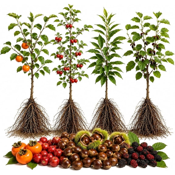 Deer Magnet Tree Bundle | Live Bare Root - 2 Persimmon, 2 Crabapple, 2 Chestnut & 2 Mulberry Trees | Wildlife Habitat & Food Plot Trees for Deer Hunting Properties - 8 Trees