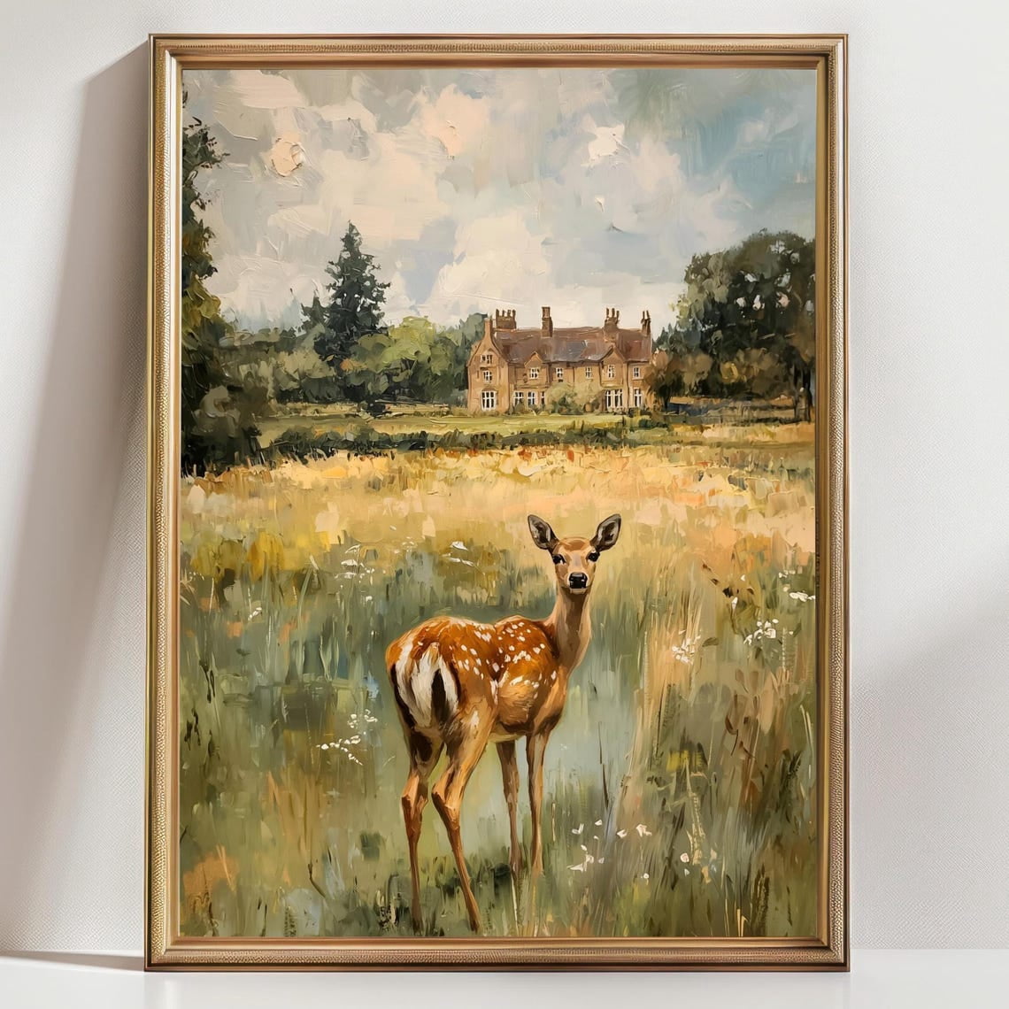 Deer In Meadow Art Print, English Countryside Landscape Wall Decor, Cottagecore Animal Painting ...