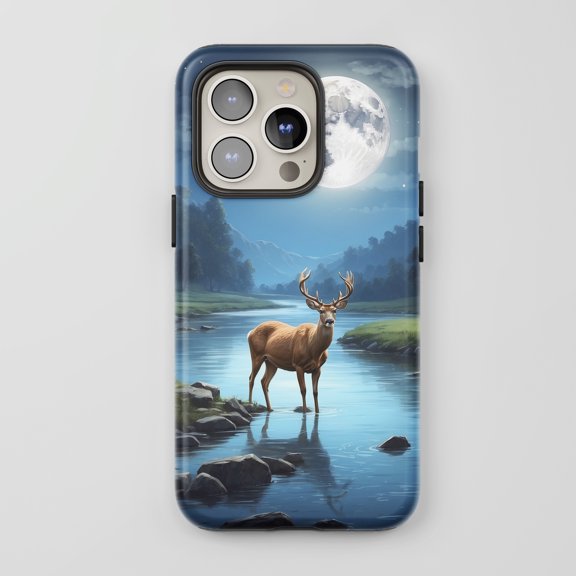 Deer Moon For All iPhone Series Protective Phone Case Nature Landscape Night Blue