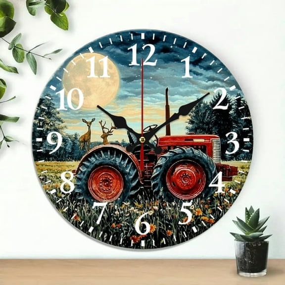 Deer Moon Tractor MDF Wood 10in Round Wall Clock, Silent Non-Ticking Battery Operated, Perfect for Living Room, Dorm, Bedroom, Kitchen, Home Office Home Decor