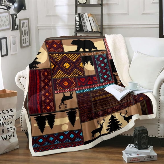 Deer Moose Bear Fleece Blanket Baby 30"X40",Boho Aztec Sherpa Blanket Western Rustic Woodland Throw Blanket For Bed Sofa Couch,Pine Tree Red Brown Stripe Bed Blanket For Country Lodge Cabin Decor