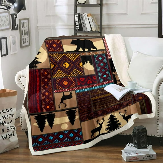 Deer Moose Bear Fleece Blanket Throw 50"X60",Boho Aztec Sherpa Blanket Western Rustic Woodland Throw Blanket For Bed Sofa Couch,Pine Tree Red Brown Stripe Bed Blanket For Country Lodge Cabin Decor