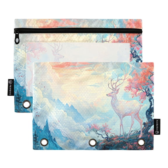 Deer Mount Tree 2 Pack Pencil Pouch for 3 Ring Binder Smooth Zipper Folders with Pockets Clear Window Pencil Case