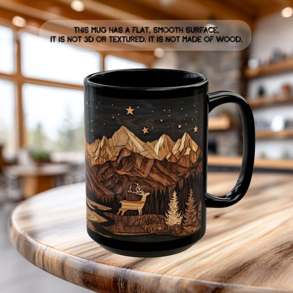 Deer Mountain Cabin Ceramic Mug, Rustic Nature Lover Gift, Carved Wood Style, Mountain cabin tea cup, Rustic Kitchen Decor