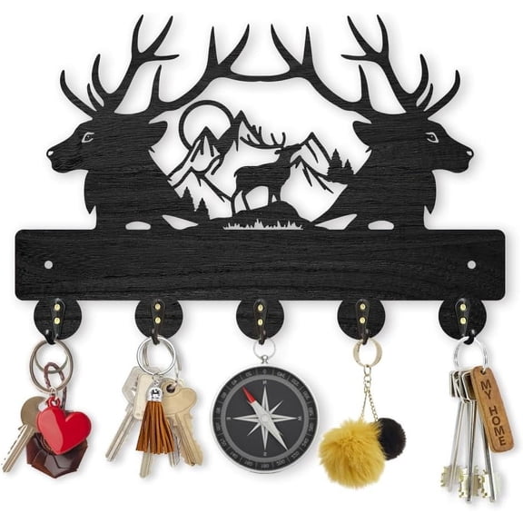 Deer Mountain Forest Coat Hooks Wall Mounted 11.8×7.9inch Black Wooden Deer Key Holder for Wall 5 Alloy Hooks Wall Art Decor Deer Hangers for Towel Key Kitchen Bedroom Entryway Gifts
