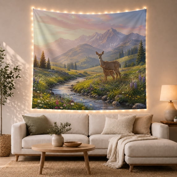 Deer in Mountain Valley, Peaceful Wildlife Scene, Rustic Wall Art for Nature Lovers, Wildlife Decor, Mother's Day Gift Tapestry Wall Hanging for Bedroom, Living Room