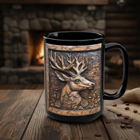 Deer Mug, Rustic Wood Print Effect Deer Coffee Cup, Forest Buck Wildlife Decor, Wilderness Stag Art Nature Lover Gift, Wildlife Art 15 oz