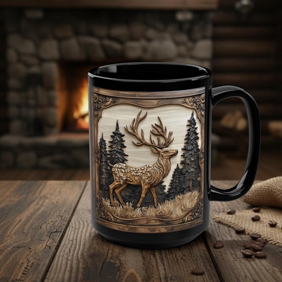 Deer Mug, Rustic Wood Print Effect Deer in Woods Coffee Cup, Forest Buck Wildlife Decor, Wilderness Stag Art Nature Lover Gift, Wildlife Art