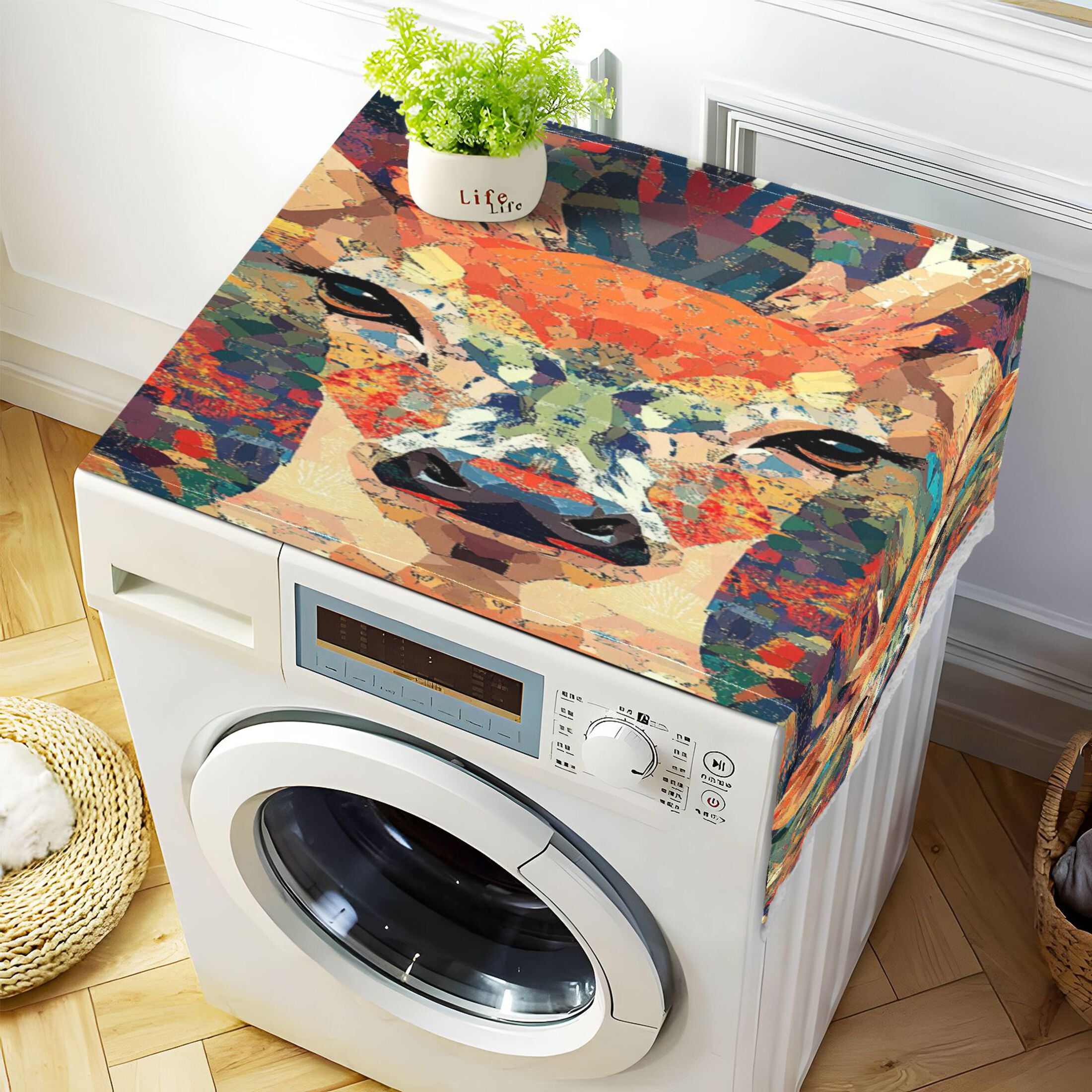 Deer MuzzleWasher and Dryer Covers Dust-Proof and Oil Resistant Fridge Cover with 4 Storage Pockets Washing Machine Top Cover for Laundry Kitchen Home 51.2 x 22 In