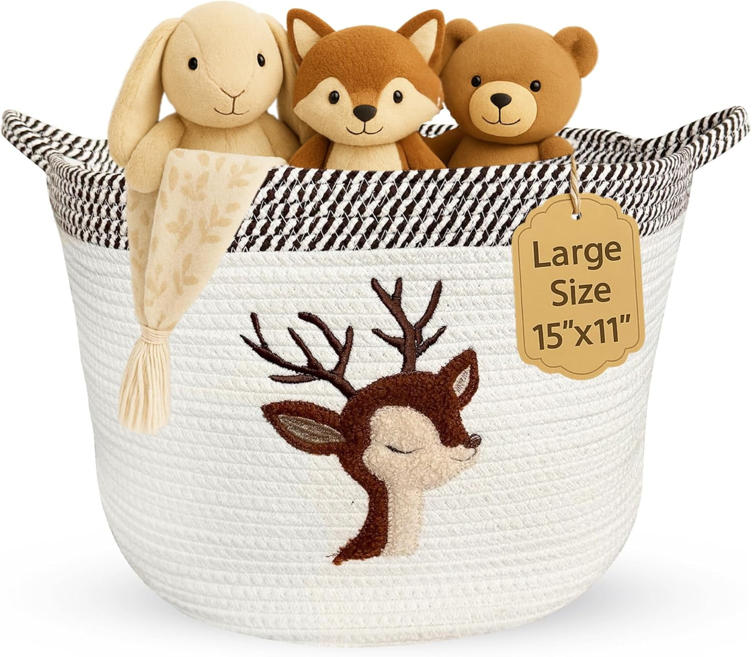 Deer Nursery Storage Basket – Large 15”x11” Cotton Rope Bin with Felt Animal Patch – Baby-Safe Toy Organizer, Laundry Hamper, Diaper & Towel Holder, Foldable & Washable