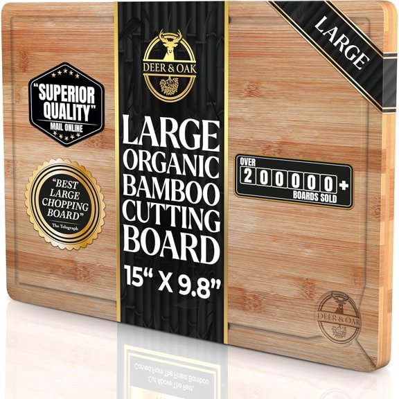 Deer & Oak Large Bamboo Chopping Board 38 x 25 x 2cm, Premium Wooden Kitchen Cutting Board for Meat & Vegetables, Pre-Oiled, Water Resistant, Knife-Friendly