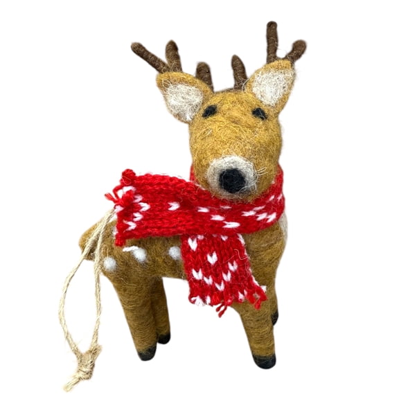 Deer Ornament – Wool Reindeer with Scarf Christmas Tree Holiday Decoration