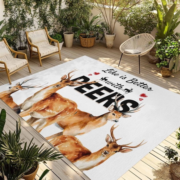 Deer Outdoor Rug for Patio/Deck/Porch, Non-Slip Large Area Rug 3 x 5 Ft, Wildlife Animals Farmhouse Country Elk Indoor Outdoor Rugs Washable Area Rugs, Reversible Camping Rug Carpet Runner