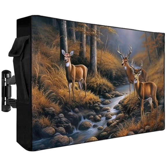 Deer in Outdoor TV Cover 70 to 75 inch Sunset Forest with Stream and Trees Waterproof Dustproof TV Covers for Outside with Zipper Remote Control Pocket Flat Screen Protectors