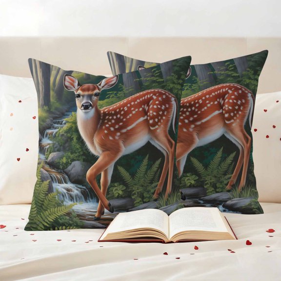 Deer Outdoor Throw Pillow Covers Set of 2, Forest Leaves River Vintage Nature Animal Farmhouse Waterproof Pillow Covers Protectors with Hidden Zipper for Garden Couch Bench 16x16in