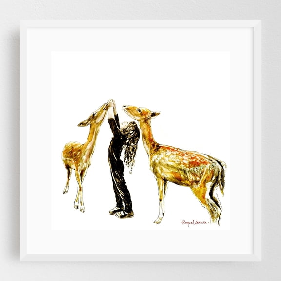 Deer - Painting Deer Animal Wildlife Illustration Watercolor Nature Sketch White Framed Wall Art Print 12 x 12 inches