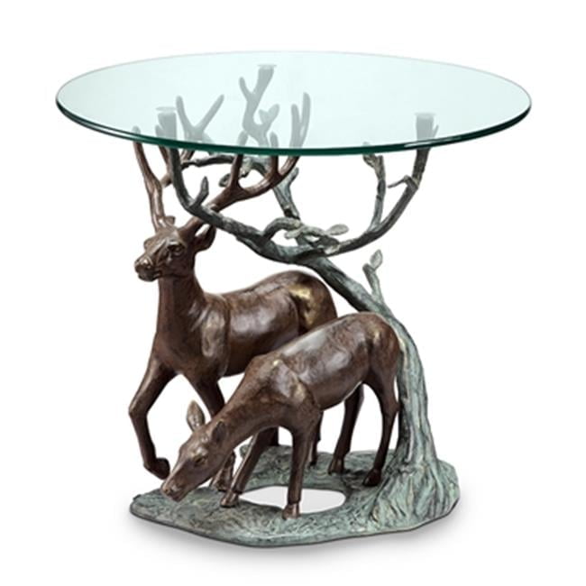 Bronze Deer Pair Round Glass End Table
