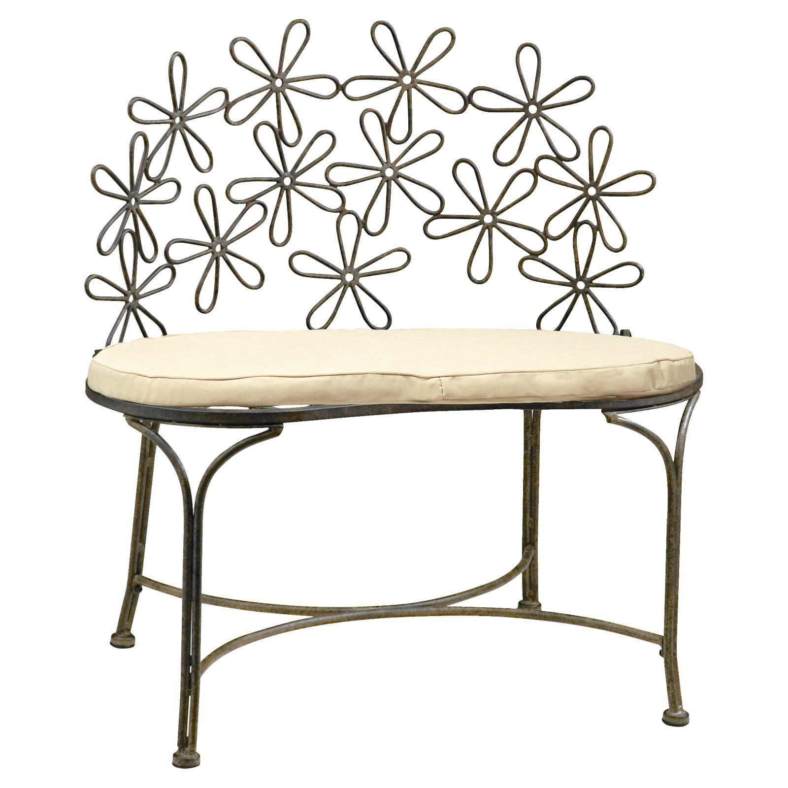 Daisy Pattern Natural Patina Metal Bench with Cushion