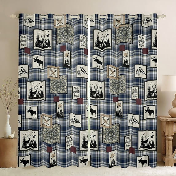 Deer Patchwork Curtains Moose Elk Deer Wildlife Hunting Blackout Curtains Boho Mandala Darkening Curtains Blue White Buffalo Plaid Grid Exotic Floral Window Curtains & Drapes Bedroom Decor 42"X63"