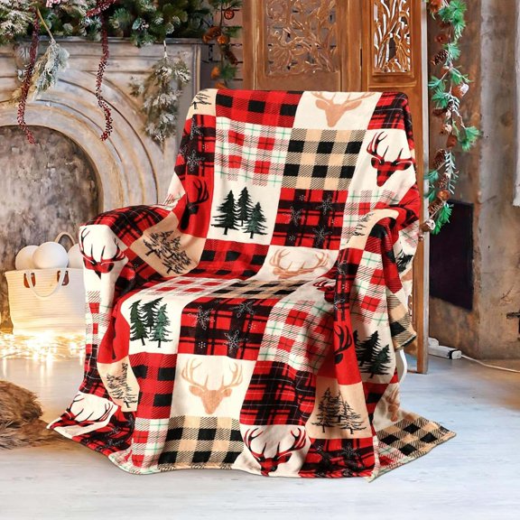 Deer Patchwork Throw Blanket for Couch or Bed, Soft Flannel Warm Cozy Decor Cover, Washable Blanket for Bedroom Use.