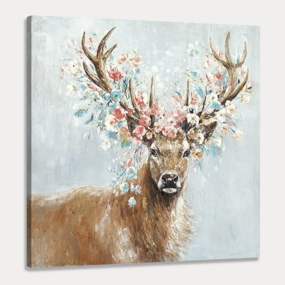 Deer Picture Decor Wall Art Horned Animal With Flower on Head Hand Painted Canvas Painting for Modern Bathroom Bedroom Walls 12x12