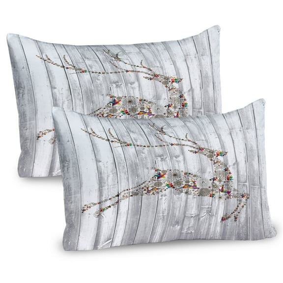 Deer Pillow Sham Set of 2, Colorful Animal Silhouette Various Christmas Elements Wooden Planks Theme, Quality Microfiber Bedding Item for All Seasons, 26" x 20", Grey Multicolor, by Ambesonne