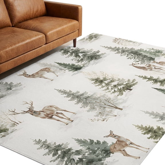Deer Pine Tree 9'x12' Large Area Rugs Rustic Country Winter Green Woodland Wildlife Washable Area Rugs Non-Slip Indoor Floor Mats for Villa Parlour, Hotel Lounge, Recreation Room