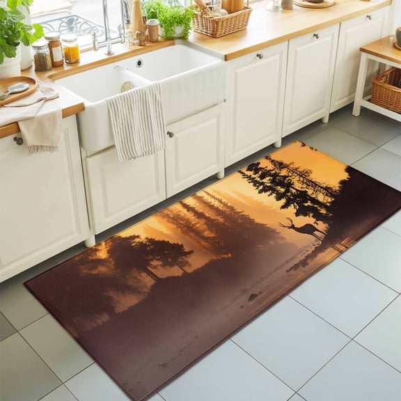 Deer Pine Trees Golden Light Rectangle Rug 2'x6' Country Animal Plants Washable Area Rugs for Living Room Bedroom Entryway Non Slip Entrance Door Mat Indoor Floor Carpet