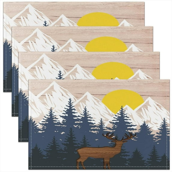 Deer Placemats 12"x18", Rustic Western Jungle Sunset Table Place Mats Set of 4, Wildlife Animal Pattern Indoor Outdoor Kitchen Dinner Party Decor Table Mats