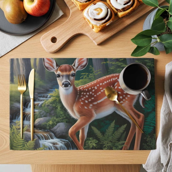 Deer Placemats Set of 2, Forest Leaves River Vintage Nature Animal Farmhouse Heat Insulated Linen Place Mats, Washable Stain-Proof Table Mats for Dining Tables Holiday Decor 13x19 Inches