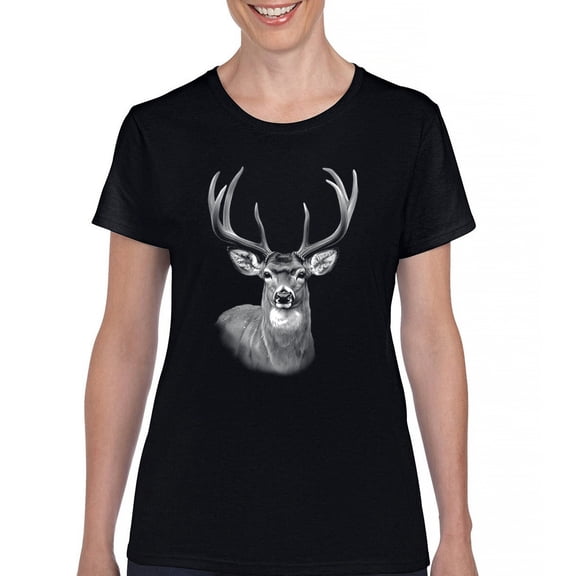 Deer Portrait T-Shirt Monochrome Buck Head Nature Whitetail Wildlife Antlers Forest Rustic Hunt Trophy Women's Tee