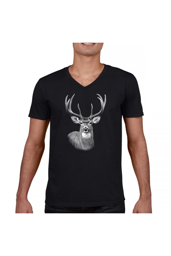 Deer Portrait V-Neck T-shirt Monochrome Buck Head Nature Whitetail Wildlife Antlers Forest Rustic Hunt Trophy Tee