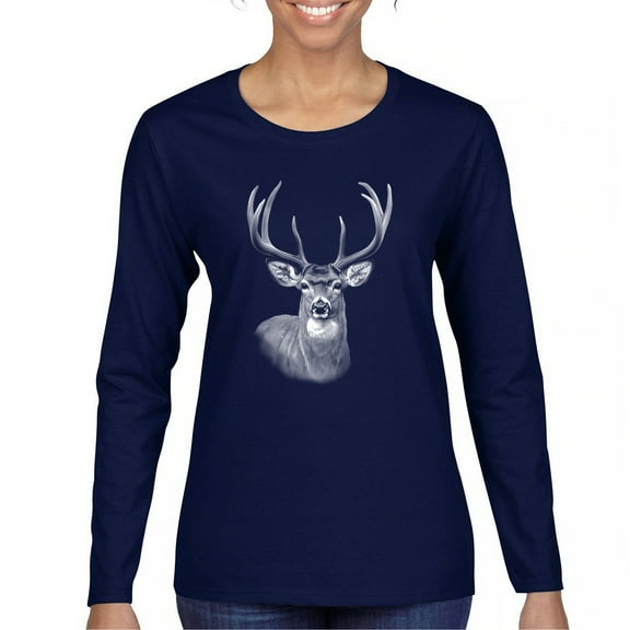 Deer Portrait Women's Long Sleeve T-shirt Monochrome Buck Head Nature Whitetail Wildlife Antlers Forest Rustic Hunt Trophy