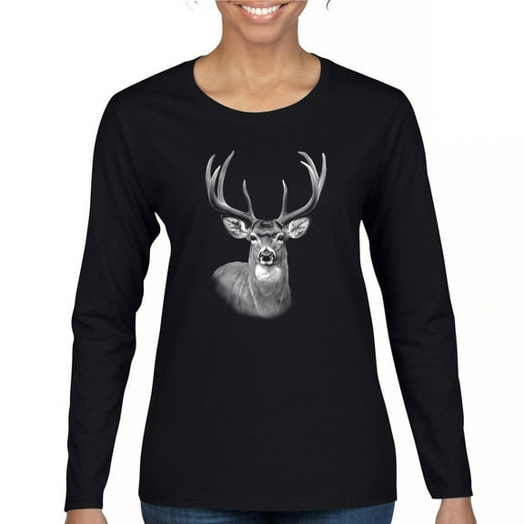 Deer Portrait Women's Long Sleeve T-shirt Monochrome Buck Head Nature Whitetail Wildlife Antlers Forest Rustic Hunt Trophy