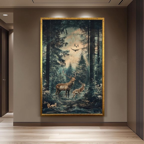 Deer Poster Vintage Forest Scene Rustic Home Decor, Unframed Poster