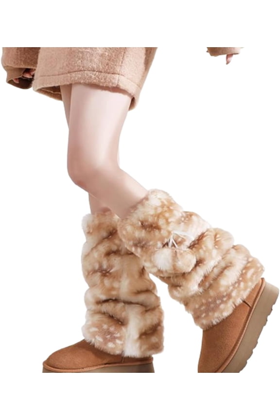 Deer Print Leg Warmers, Y2K Furry Brown Boot Cuffs for Women - 15.7 Inch Thick Warm Leggings Accessories for Halloween & Christmas