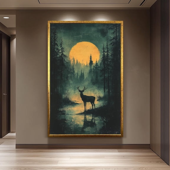 Deer Print Moonlit Forest Rustic Wildlife Art, Unframed Paper Poster 8x10in